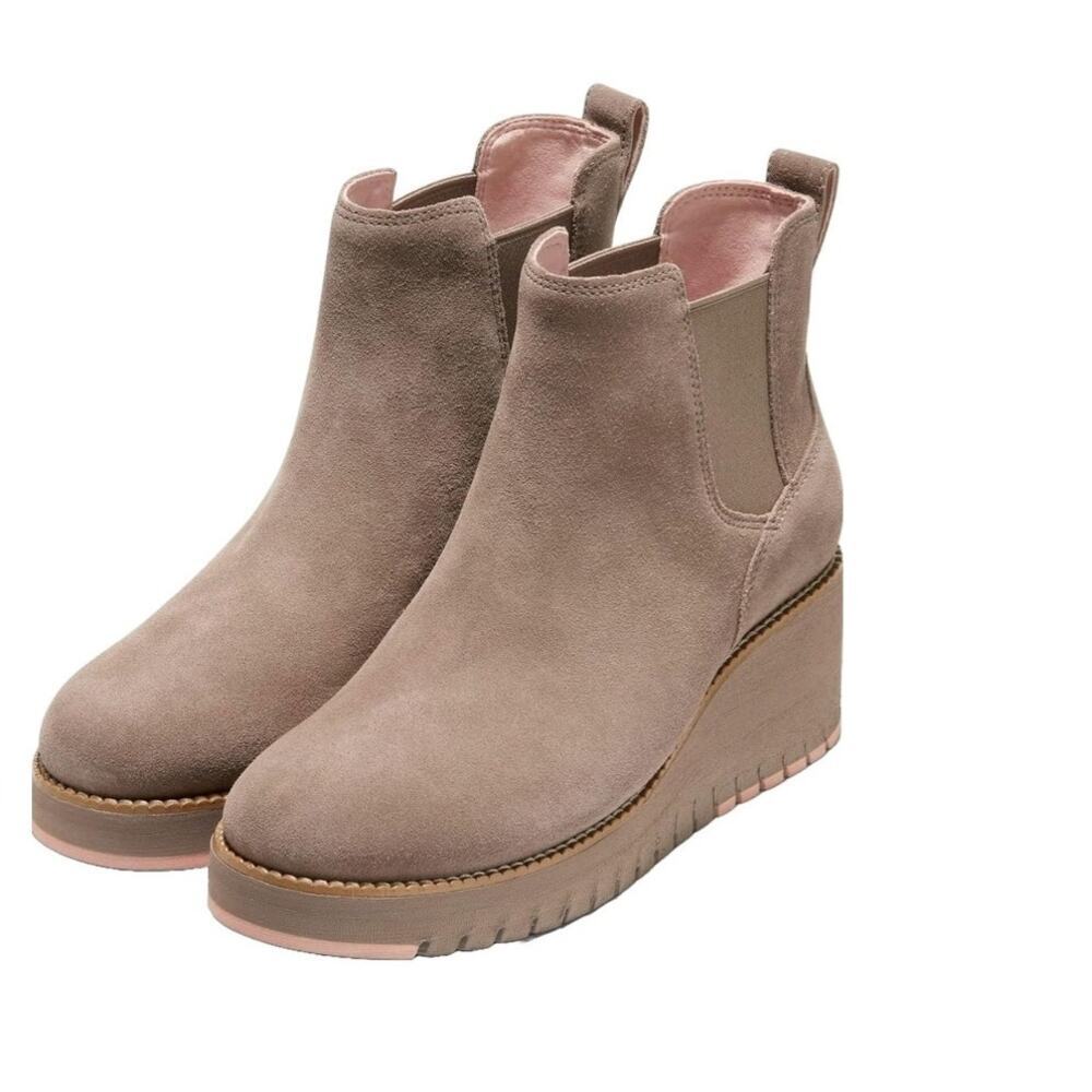 Cole Haan ZEROGRAND City Wedge Ankle Boots Irish Coffee Tan Side Zip Size 7.5